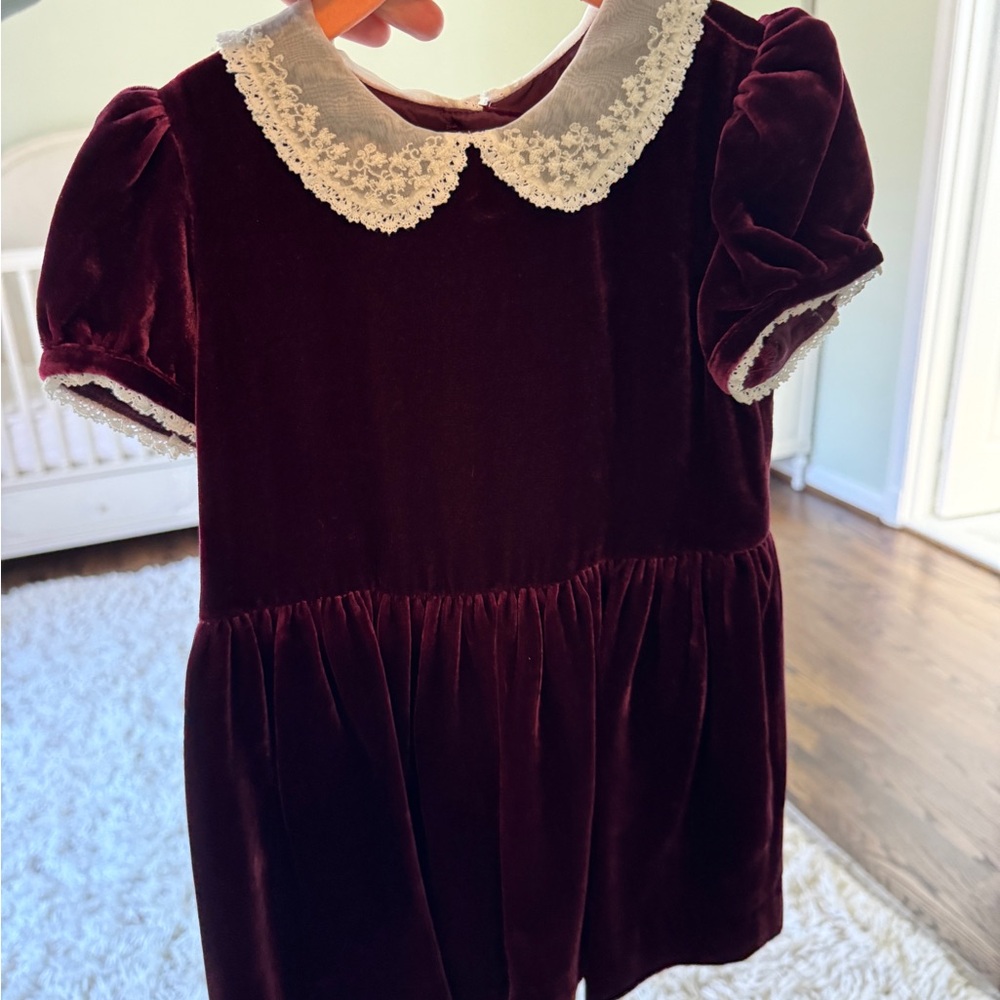 Ralph Lauren Burgundy Velvet Dress with White Lace